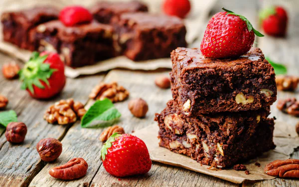 A 4K Ultra HD desktop wallpaper featuring a still life of rich chocolate brownies topped with fresh strawberries, surrounded by nuts and additional strawberries.