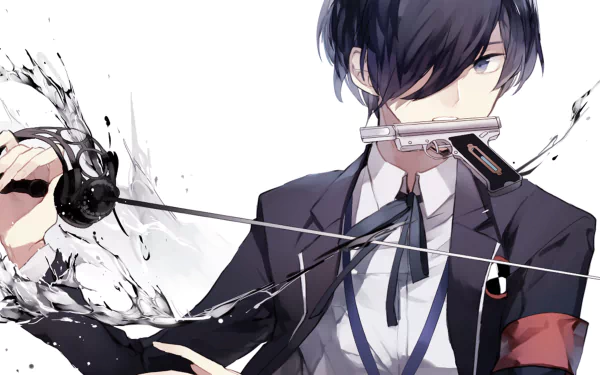 Minato Arisato from Persona 3 is depicted in a 4K Ultra HD video game wallpaper, wearing his school uniform and holding a sword with a focused expression.