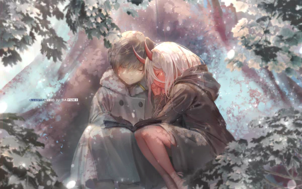 HD wallpaper featuring Hiro and Zero Two from the anime Darling in the FranXX, sitting closely together in a snow-covered, serene forest.