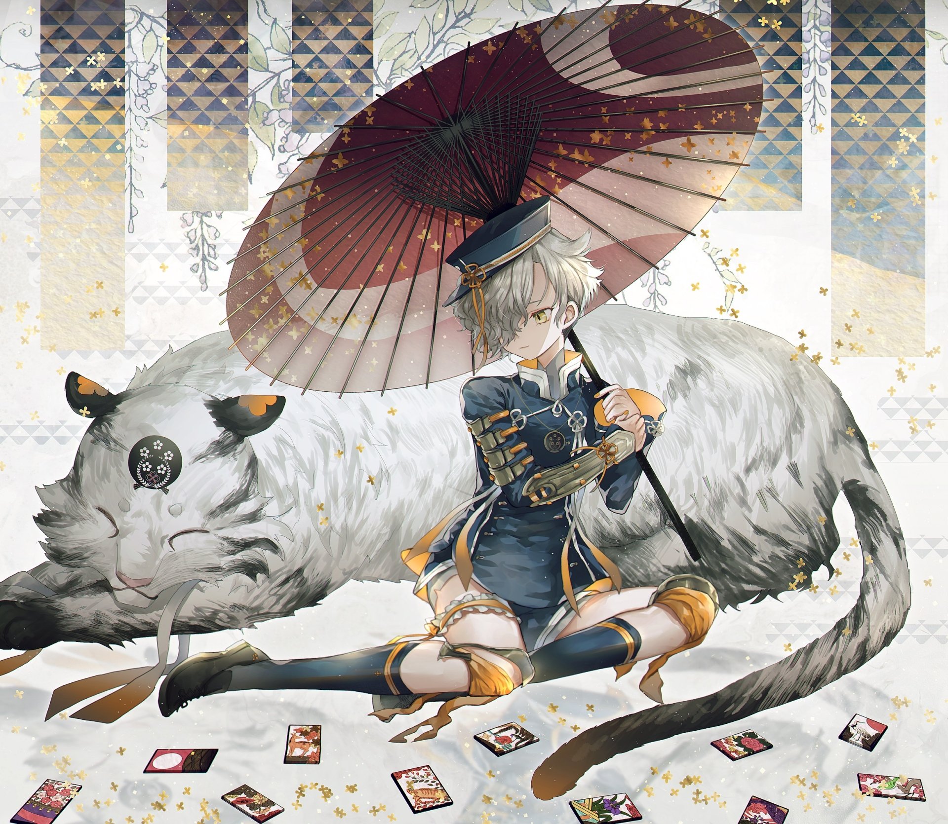 Gokotai (Touken Ranbu) anime HD PC desktop wallpaper/background: character in ornate uniform holding a parasol, seated against a giant fluffy cat with gold leaf accents.