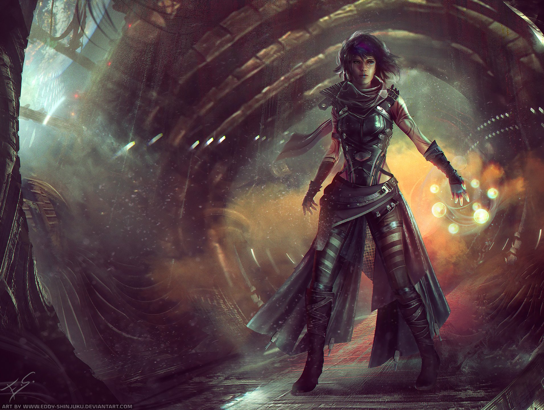 HD PC desktop wallpaper of a short-haired woman with purple hair casting glowing magic in a ruined, tunnel-like chamber, clad in leather armor and a flowing, tattered cloak.