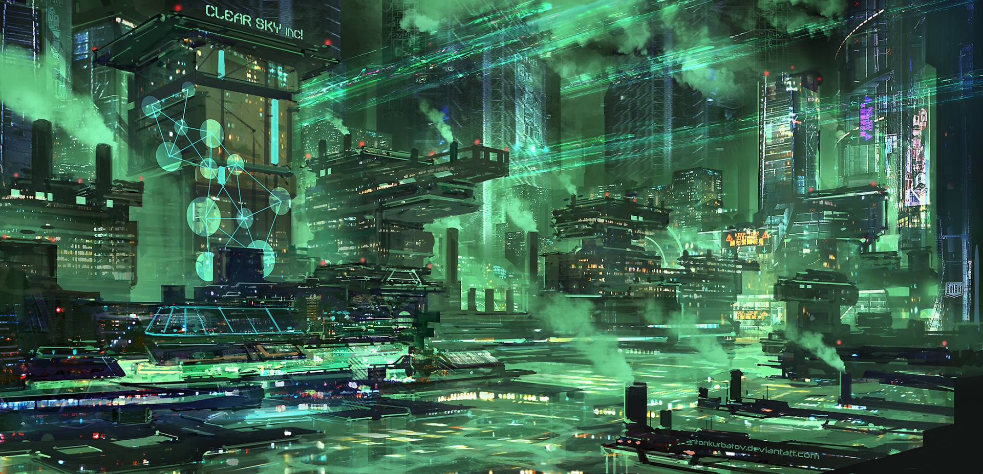 Neon Skyline: Futuristic Sci-Fi Cityscape HD Wallpaper by Anton Kurbatov, image size:1920x927