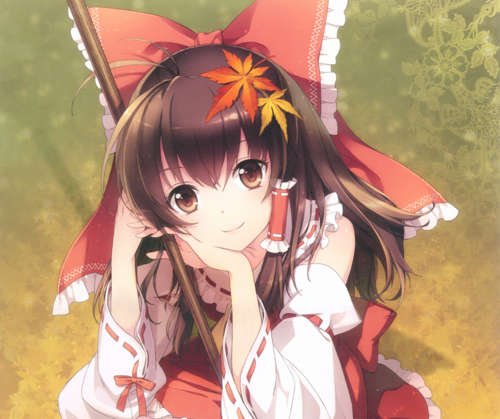 HD PC desktop wallpaper featuring Reimu Hakurei from the anime Touhou, showcasing her with autumn leaves and a gentle, warm-toned background.