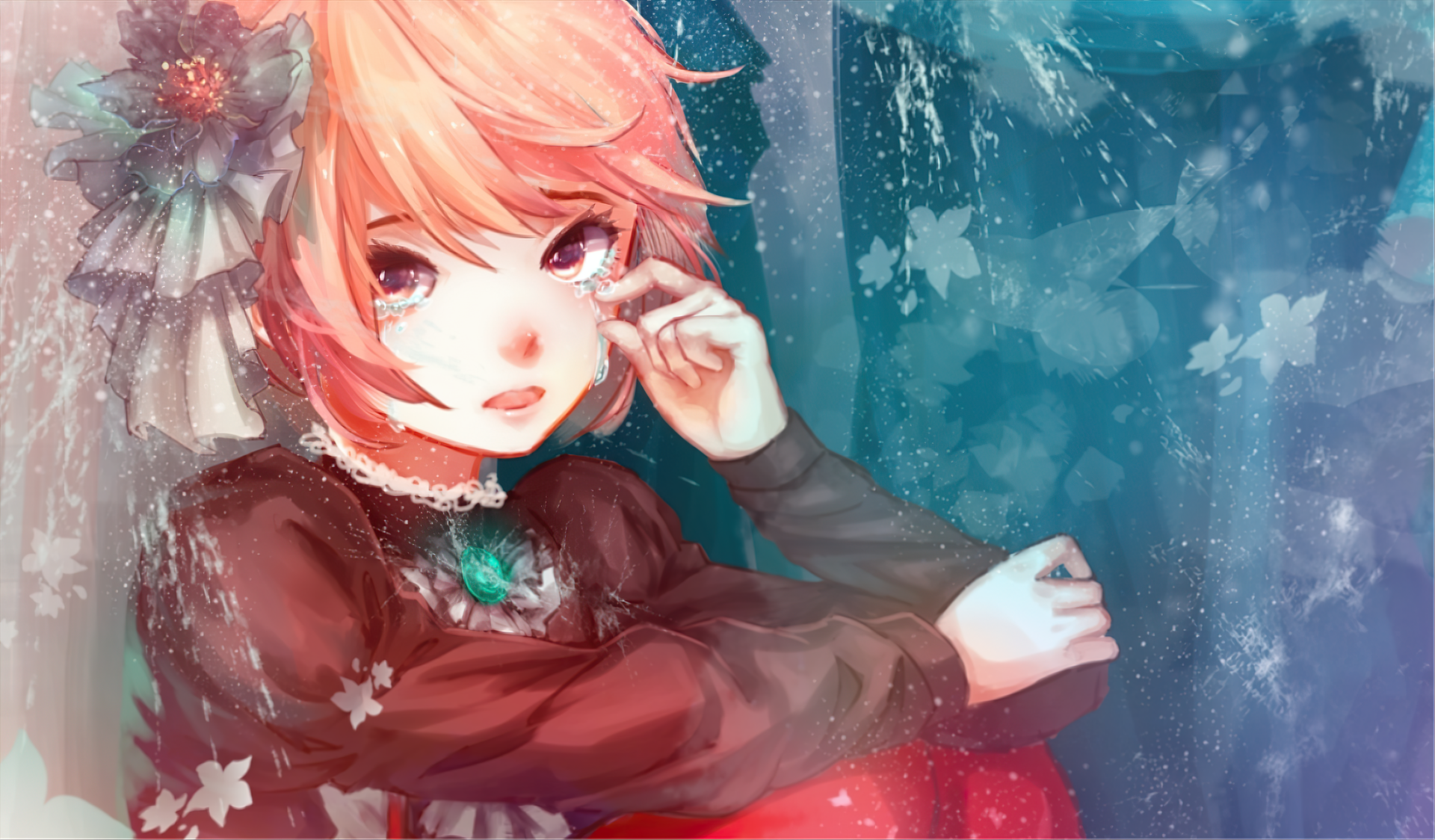 Anime-style HD wallpaper of Hinami Fueguchi from Tokyo Ghoul with short brown hair, brown eyes, wearing a headdress, and tears gently streaming down her face.