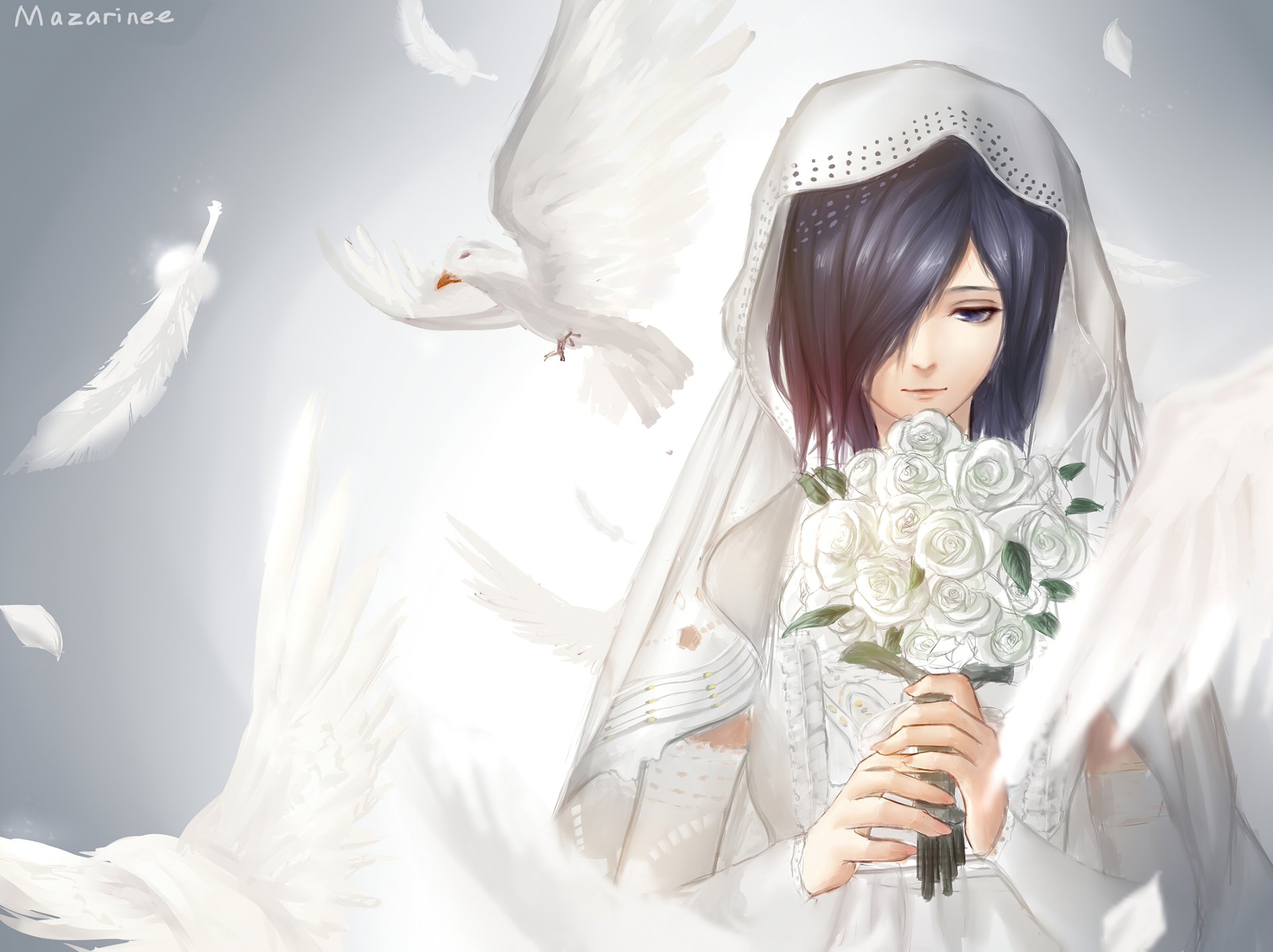 HD desktop wallpaper featuring Touka Kirishima from the anime Tokyo Ghoul, in a white outfit holding a bouquet, surrounded by white feathers and birds.