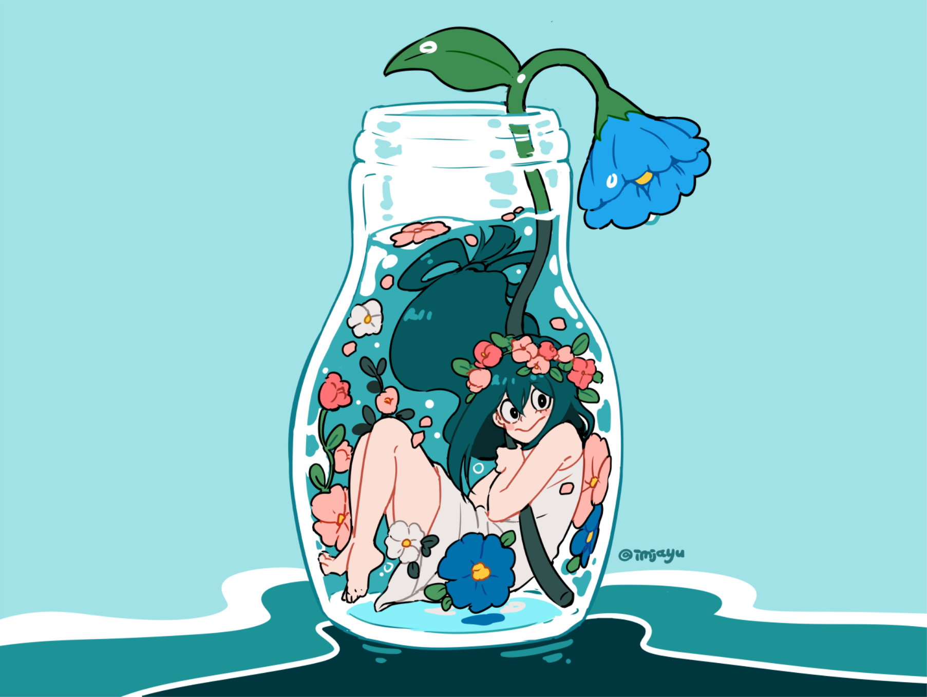 HD anime desktop wallpaper of Tsuyu Asui from My Hero Academia, featuring her sitting inside a glass jar adorned with flowers against a soft blue background.