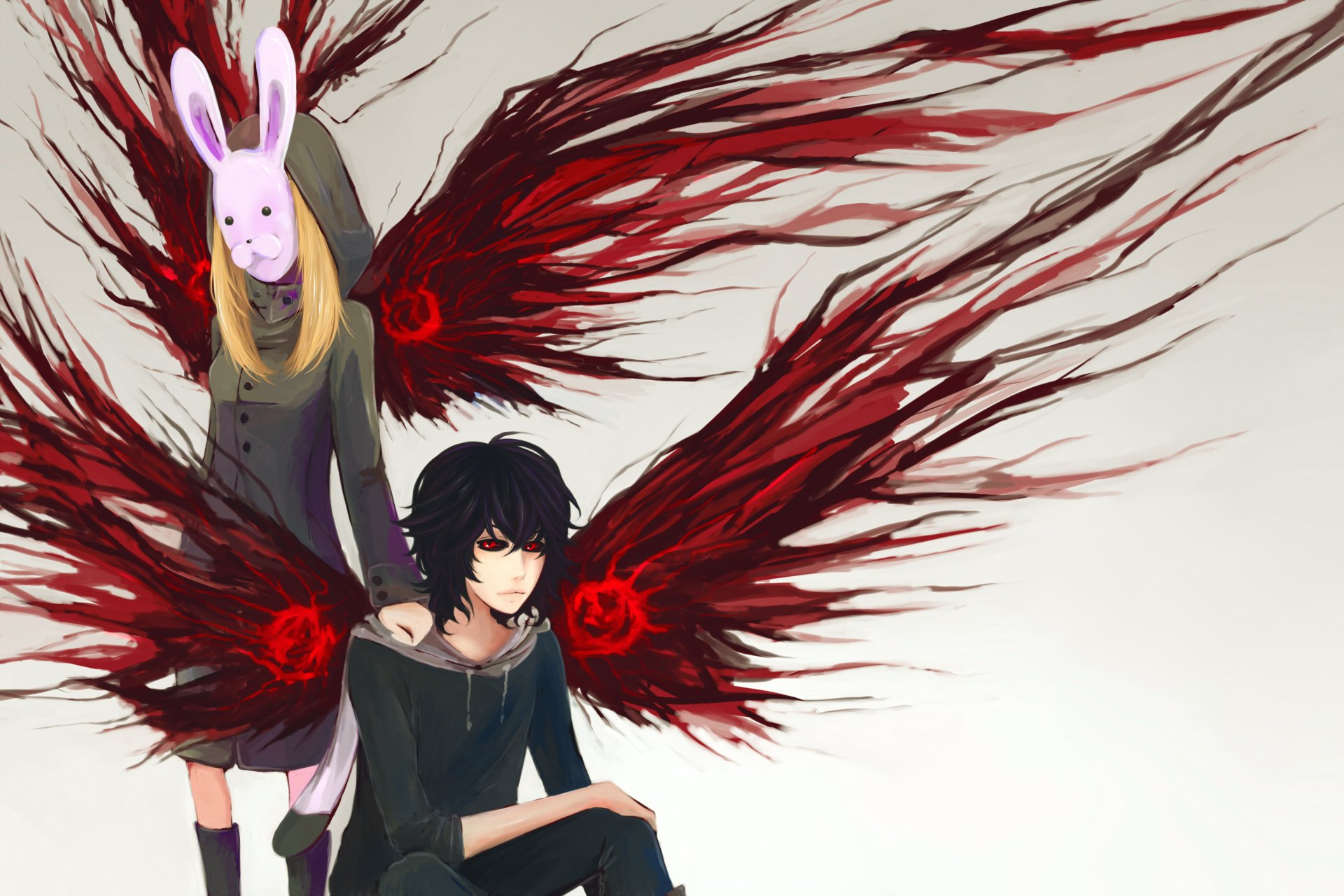 4K Ultra HD desktop wallpaper featuring Touka Kirishima and Ayato Kirishima from Tokyo Ghoul, showcasing dark, dynamic kagune wings in an anime style.