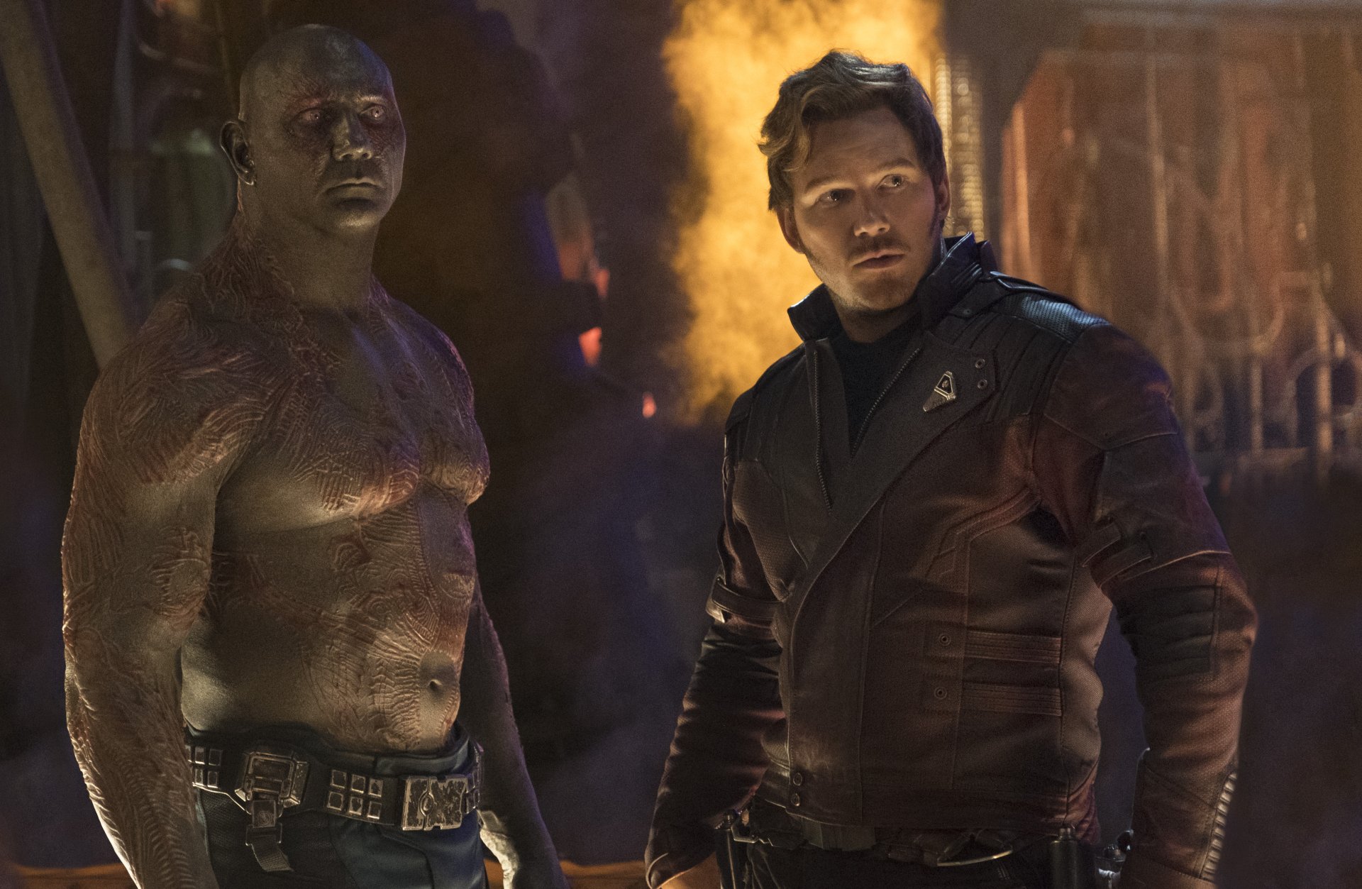 4K Ultra HD wallpaper featuring Chris Pratt as Star-Lord and Dave Bautista as Drax The Destroyer from Avengers: Infinity War.