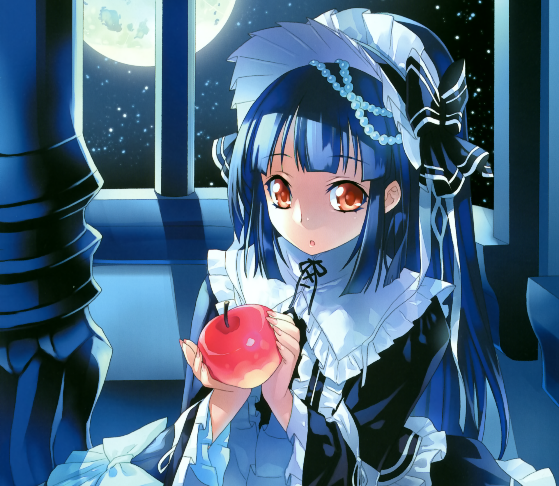 Anime girl with long blue hair and orange eyes, wearing a headband and bow-adorned outfit, holding a red apple by a moonlit window — 2K Quad HD desktop wallpaper.