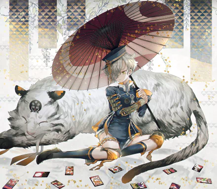 Gokotai (Touken Ranbu) anime HD PC desktop wallpaper/background: character in ornate uniform holding a parasol, seated against a giant fluffy cat with gold leaf accents.