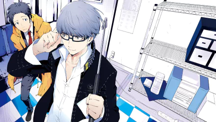 HD PC desktop wallpaper of the Persona 4 video game: Yu Narukami adjusts his glasses in the foreground while Tohru Adachi in a yellow jacket stands behind him in stylized art.