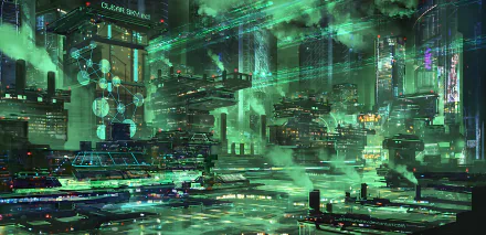 A futuristic sci-fi cityscape with towering skyscrapers and glowing green holographic elements, captured in a high-definition PC desktop wallpaper.
