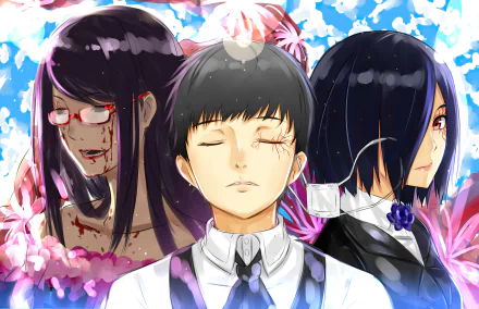 2K Quad HD PC wallpaper of the Tokyo Ghoul anime: Ken Kaneki centered with closed eyes, Touka Kirishima and Rize Kamishiro flanking him amid pink flowers and a bright sky.