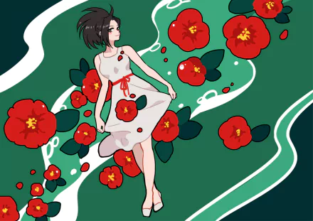 HD desktop wallpaper featuring Momo Yaoyorozu from My Hero Academia, smiling with a blush, wearing a white dress adorned with a flower and belt, set against a background of vibrant red flowers and green leaves.