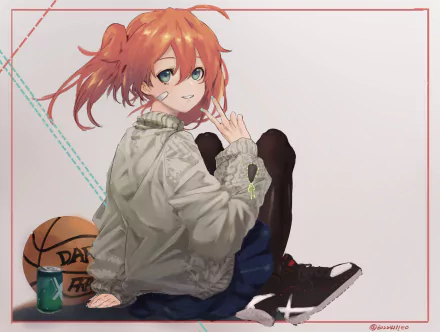 Anime HD PC desktop wallpaper featuring Miku from Darling in the FranXX, sitting casually with a basketball and drink beside her.