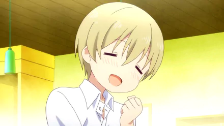 HD anime desktop wallpaper featuring a joyful blonde character from Blend S with eyes closed and a bright, warm background.