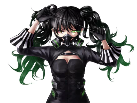 HD desktop wallpaper featuring Scarecrow from the video game Girls Frontline in a dark outfit with green highlights and striking green eyes.