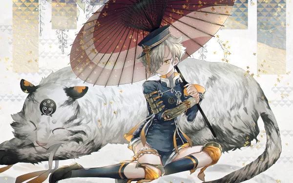 Gokotai (Touken Ranbu) anime HD PC desktop wallpaper/background: character in ornate uniform holding a parasol, seated against a giant fluffy cat with gold leaf accents.
