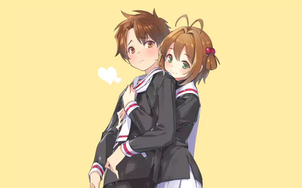 HD PC desktop wallpaper of Sakura Kinomoto and Syaoran Li from Cardcaptor Sakura, in school uniforms embracing on a pale yellow background with a small white heart.