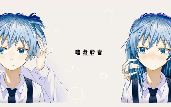 HD PC desktop wallpaper featuring Nagisa Shiota from the anime Assassination Classroom, showcasing two expressions against a light background with Japanese text.