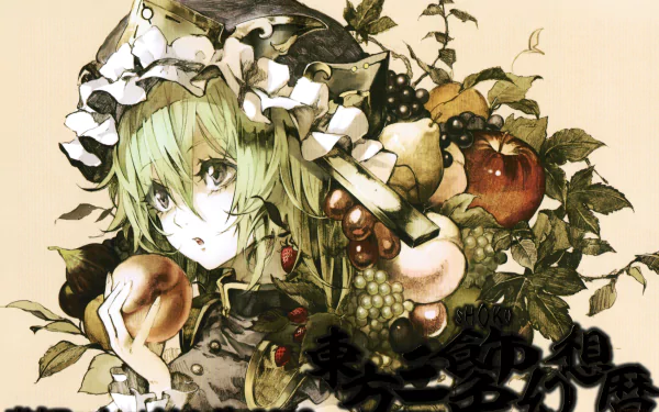 HD anime desktop wallpaper featuring Eiki Shiki, Shikieiki Yamaxanadu from Touhou, surrounded by an array of detailed fruits and foliage in a soft, painterly style.