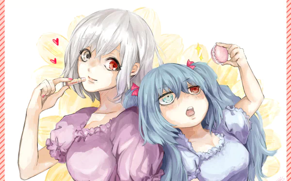 Haise Sasaki Ken Kaneki purple dress pink dress Tokyo Ghoul red eyes long hair blue hair white hair smile lipstick heterochromia Saiko Yonebayashi Anime Tokyo Ghoul:re HD Desktop Wallpaper | Background Image