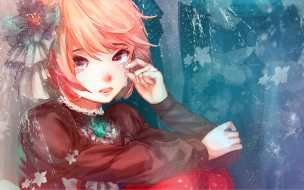 Anime-style HD wallpaper of Hinami Fueguchi from Tokyo Ghoul with short brown hair, brown eyes, wearing a headdress, and tears gently streaming down her face.