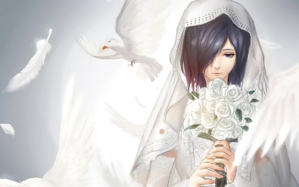 HD desktop wallpaper featuring Touka Kirishima from the anime Tokyo Ghoul, in a white outfit holding a bouquet, surrounded by white feathers and birds.