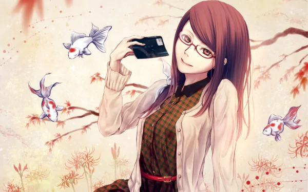 HD desktop wallpaper featuring Rize Kamishiro from Tokyo Ghoul, showcasing her in anime style with a serene background of koi fish and autumn leaves.