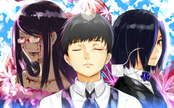 2K Quad HD PC wallpaper of the Tokyo Ghoul anime: Ken Kaneki centered with closed eyes, Touka Kirishima and Rize Kamishiro flanking him amid pink flowers and a bright sky.