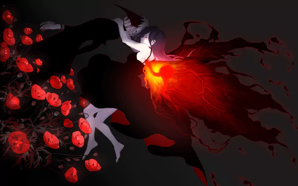 HD PC desktop wallpaper featuring Touka Kirishima and Ken Kaneki from the anime Tokyo Ghoul, with vivid red and black hues creating a dramatic, intense atmosphere.