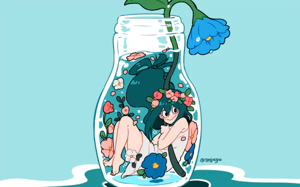 HD anime desktop wallpaper of Tsuyu Asui from My Hero Academia, featuring her sitting inside a glass jar adorned with flowers against a soft blue background.