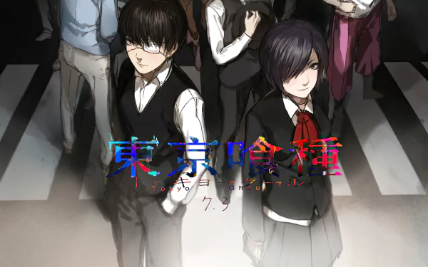 HD PC desktop wallpaper featuring Ken Kaneki and Touka Kirishima from the anime Tokyo Ghoul, with the series title displayed in colorful Japanese text.