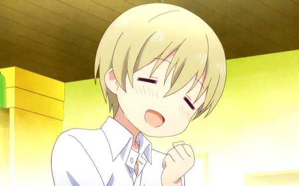 HD anime desktop wallpaper featuring a joyful blonde character from Blend S with eyes closed and a bright, warm background.