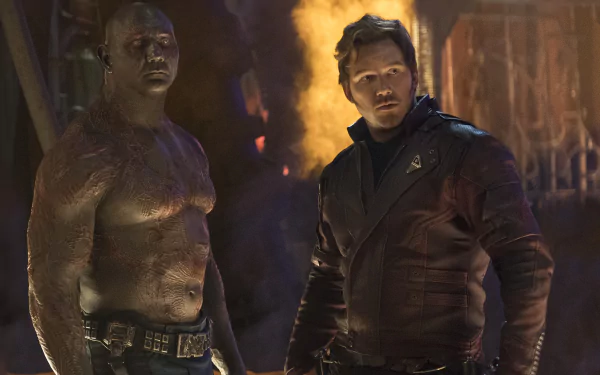 4K Ultra HD wallpaper featuring Chris Pratt as Star-Lord and Dave Bautista as Drax The Destroyer from Avengers: Infinity War.