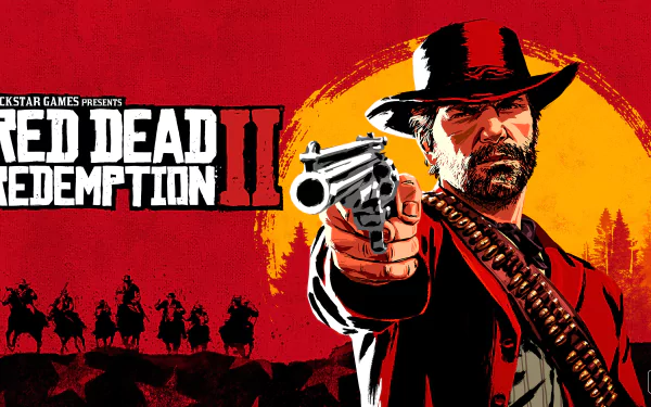 HD desktop wallpaper of Arthur Morgan from the video game Red Dead Redemption 2, featuring a bold, cinematic design with Arthur pointing a gun and the game's title prominently displayed.