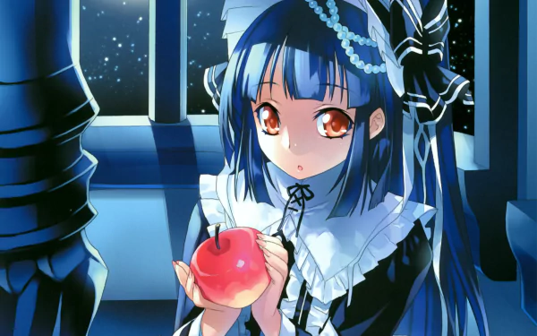 Anime girl with long blue hair and orange eyes, wearing a headband and bow-adorned outfit, holding a red apple by a moonlit window — 2K Quad HD desktop wallpaper.