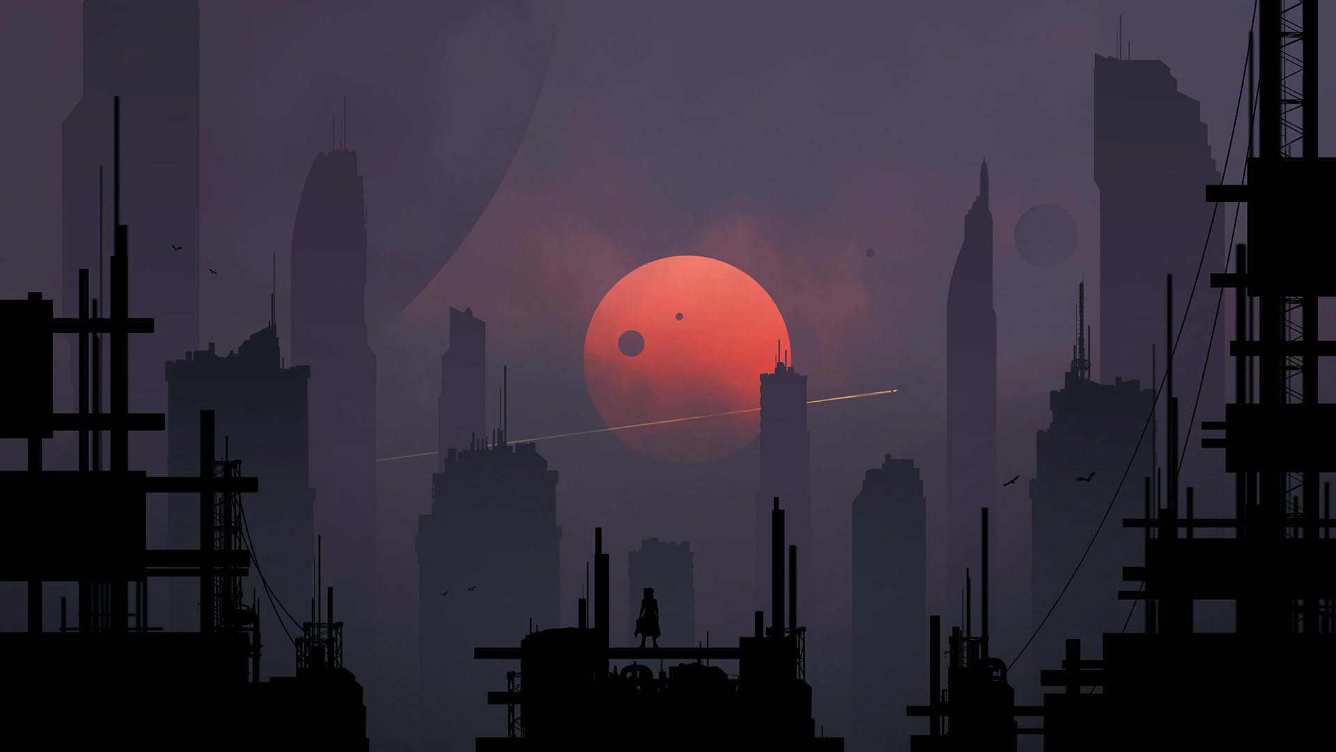 Futuristic sci-fi cityscape with towering dark silhouettes against a large red sun, designed as an HD PC desktop wallpaper and background.