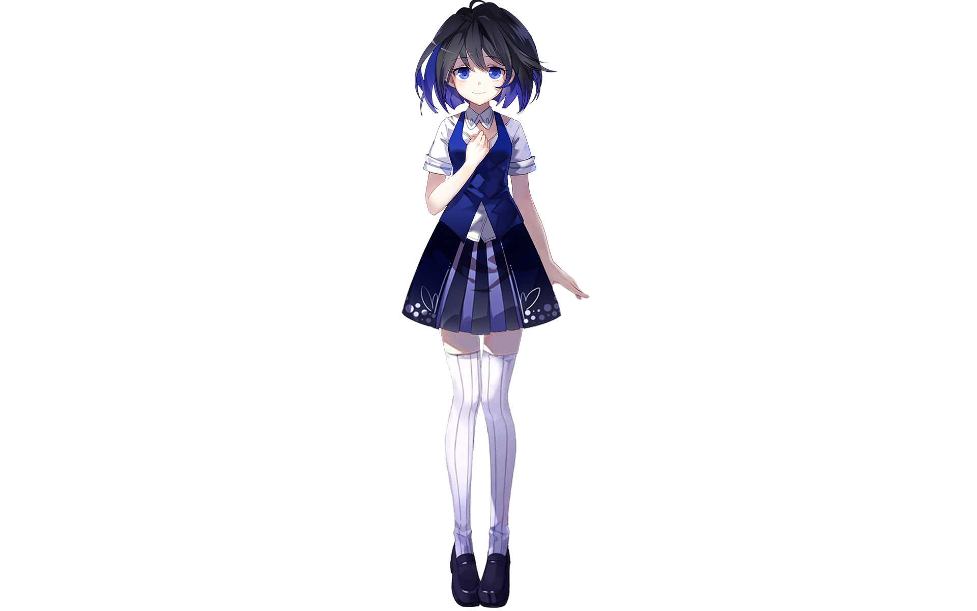 Seele Vollerei from Benghuai Xueyuan — anime girl in a navy school dress and white thigh-highs, blue hair and eyes, centered on an HD PC desktop wallpaper background with glitchy horizontal stripes.