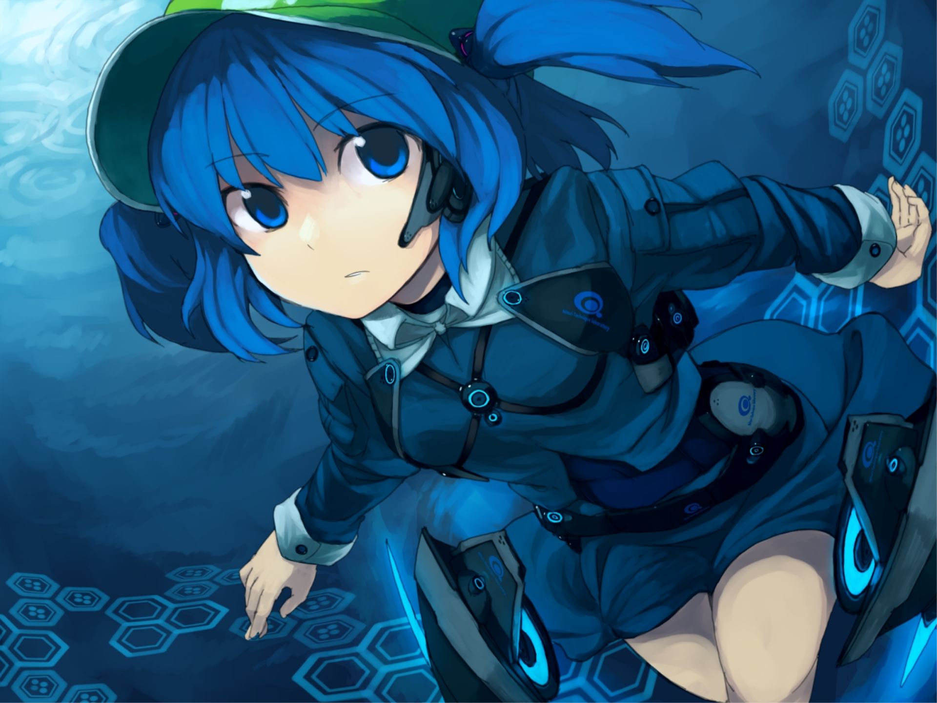 HD anime desktop wallpaper featuring Nitori Kawashiro from Touhou, depicted with blue hair and a detailed dark blue outfit against a hexagonal patterned background.