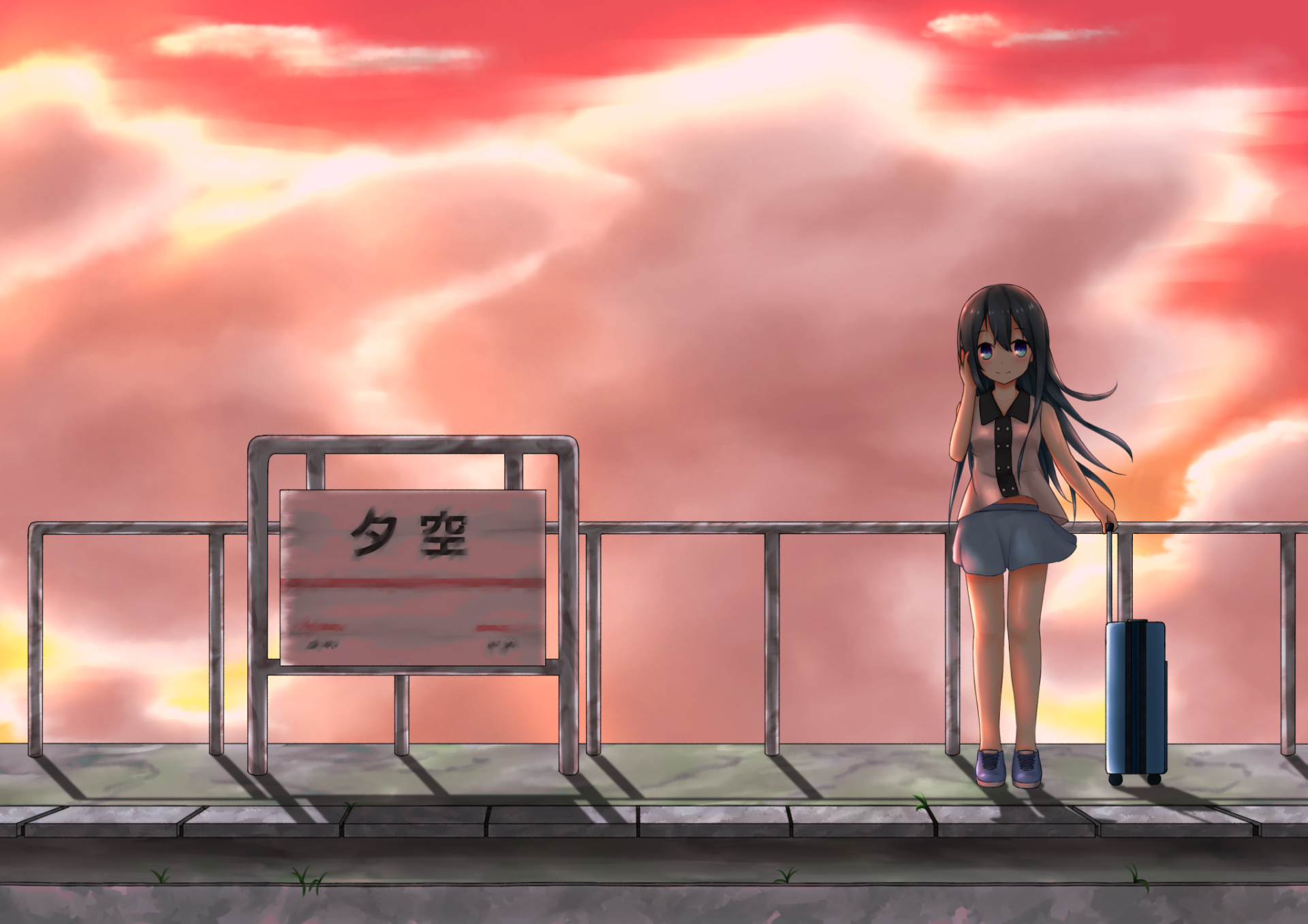 Download Blue Eyes Sunset Black Hair Smile Long Hair Anime Original Anime Sunset HD Wallpaper by 空乃はく