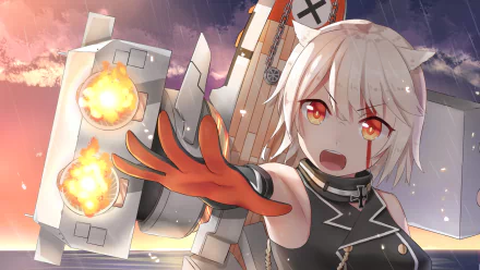 Anime-style HD desktop wallpaper featuring Bismarck from Warship Girls, depicted with intense expression and futuristic arm-mounted cannons firing.