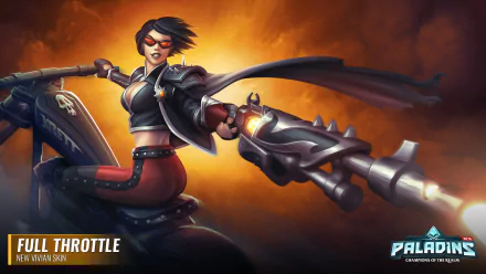 HD PC desktop wallpaper/background of Vivian (Paladins) — video game art of a biker-style female champion firing a spiked cannon from a motorcycle against a fiery orange backdrop.