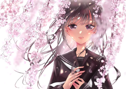 HD PC desktop wallpaper — anime original of a long black-haired girl in a school uniform framed by blooming cherry blossoms and drifting pink petals.