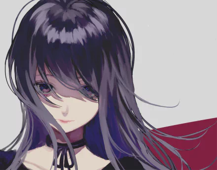 Anime-style HD desktop wallpaper featuring an original character with long black hair and striking purple eyes against a minimalist background.