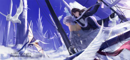 glasses yellow eyes short hair bird dragon brown hair white hair long hair Anime Pixiv Fantasia Sword Regalia Anime Bird HD Desktop Wallpaper | Background Image