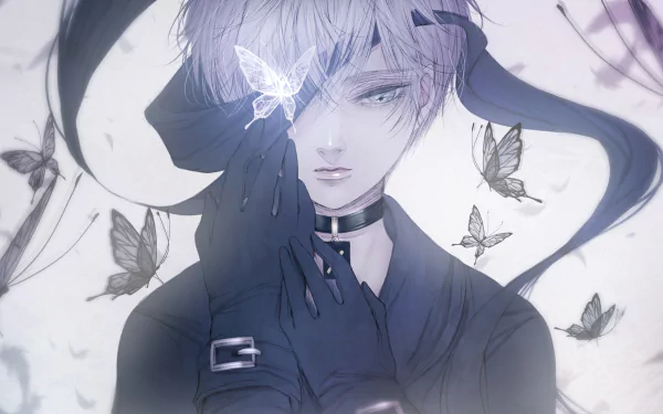 HD PC desktop wallpaper of YoRHa No.9 Type S from the video game NieR: Automata, featuring a delicate, monochrome portrait with butterflies.