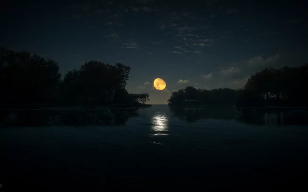 A serene night scene from theHunter: Call of The Wild, showcasing a glowing full moon reflecting on a calm lake surrounded by dark trees in 4K Ultra HD quality.