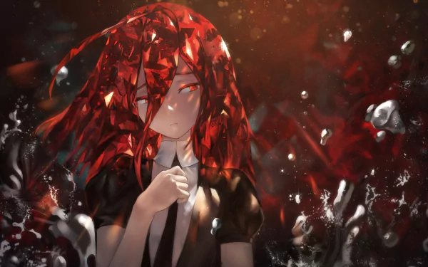 Cinnabar from Land of the Lustrous anime depicted in detailed 4K Ultra HD, with shimmering red hair and a dark, reflective background for a PC desktop wallpaper.