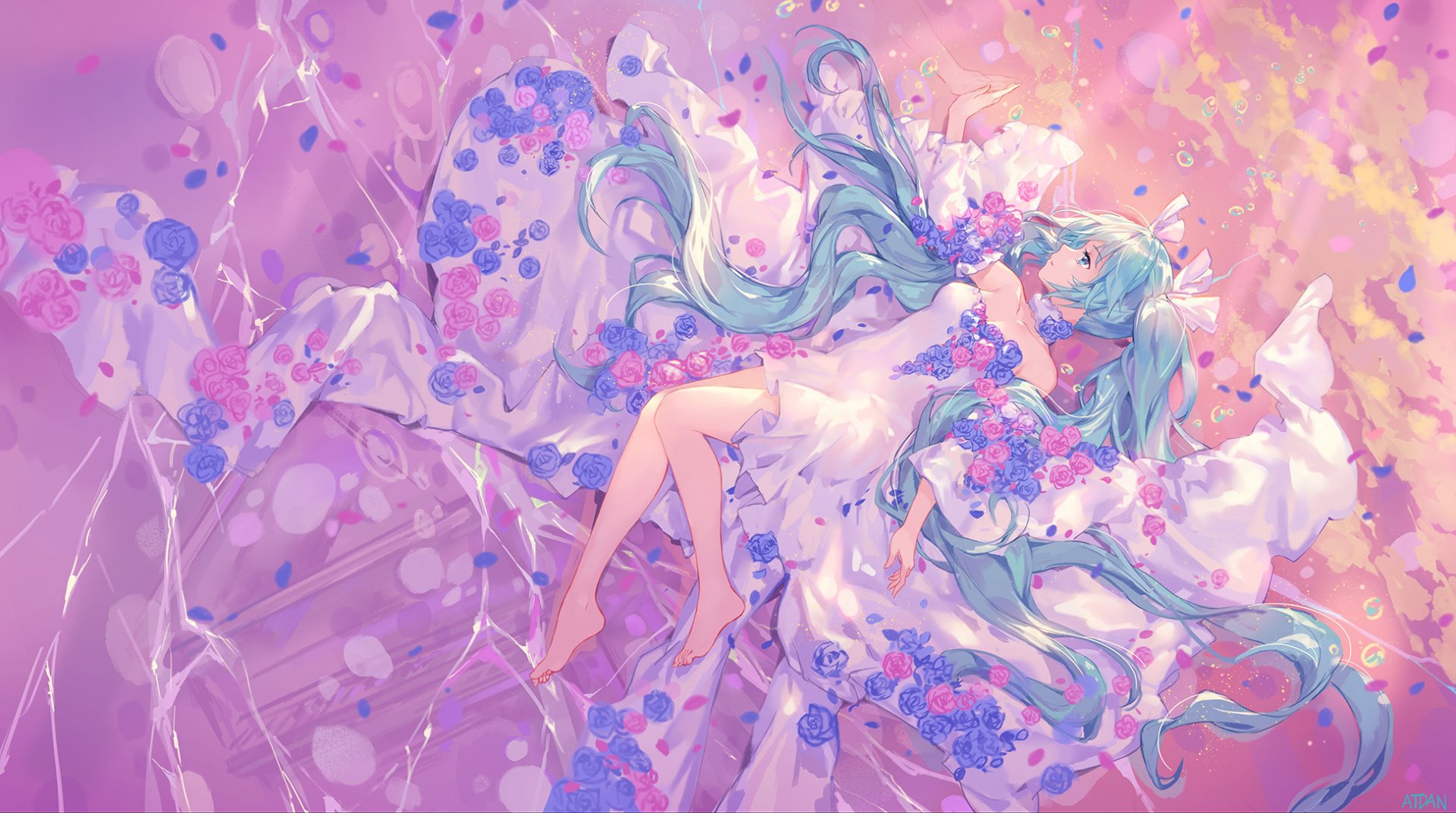 HD PC desktop wallpaper of Hatsune Miku (anime Vocaloid) reclining among pastel blossoms, long teal twin-tails flowing, in a flowing white dress amid pink-purple petals.